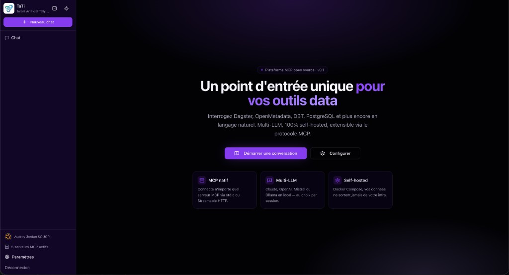 TaTi — écran d’accueil après connexion (barre latérale, accueil, raccourcis)